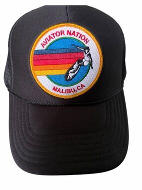 Aviator Nation Black Trucker Hat with Rainbow Surfer Patch
